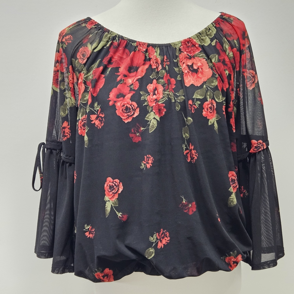 Dark Floral Off Shoulder Bell Sheer Sleeve Blouse Size L Romantic Boho